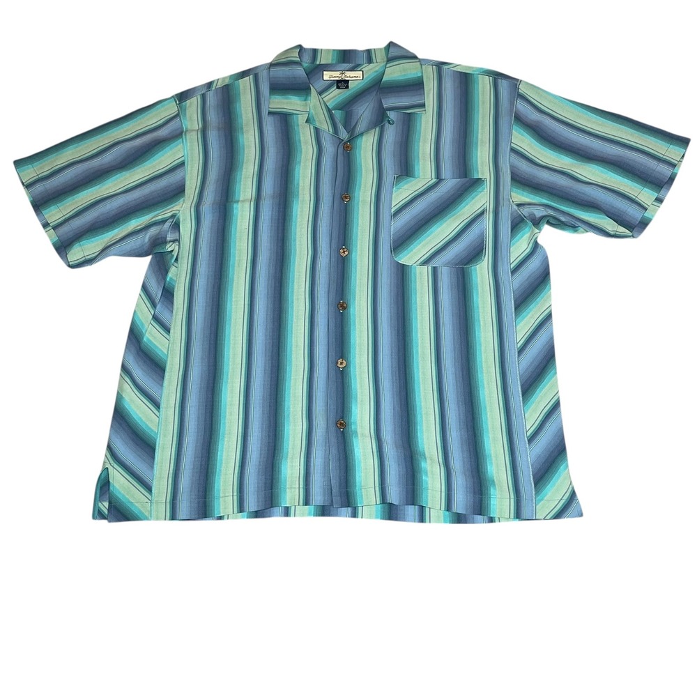 Tommy‎ Bahama Mens (L) 100% Silk Short Sleeve Striped Camp Shirt Blue Teal Green
